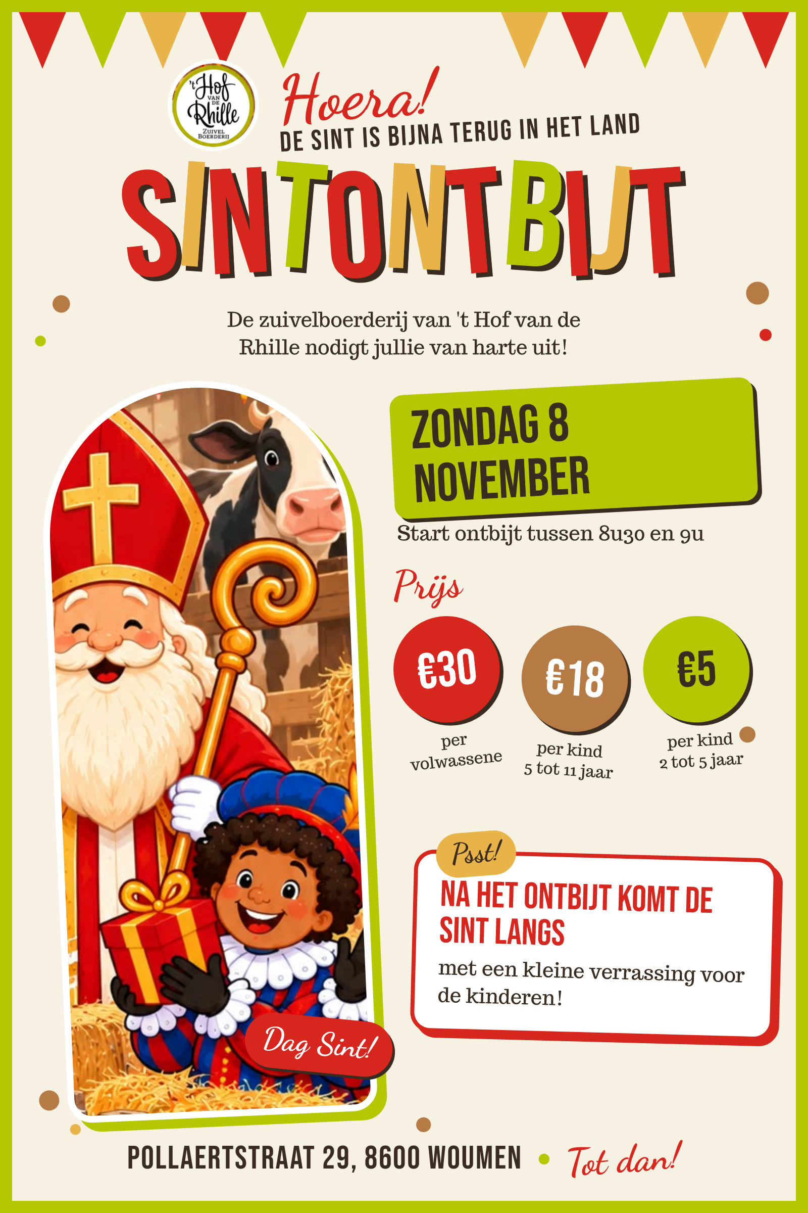 Affiche Sintontbijt zondag 8 november op 't Hof van de Rhille