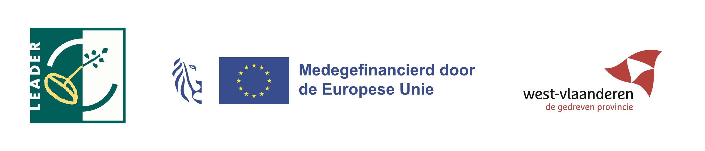 Logo's LEADER, Vlaanderen en Europese Unie (medegefinancierd door de Europese Unie) en Provincie West-Vlaanderen